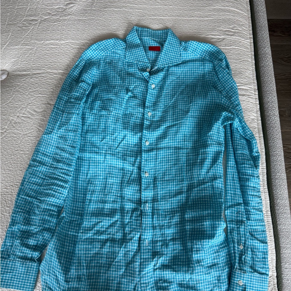 Isaia Turquoise Checkered Button Down Shirt